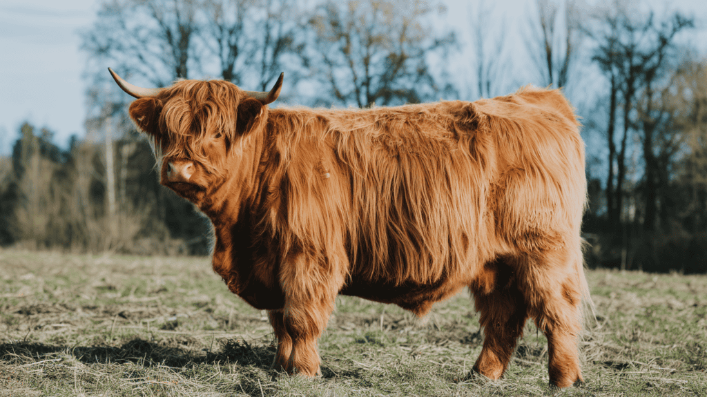 A full grown light brown highland cow standing in a field outside on a sunny day.