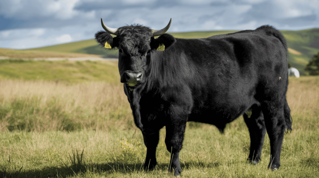 A black Dexter cow standing in a field outside on a sunny day.