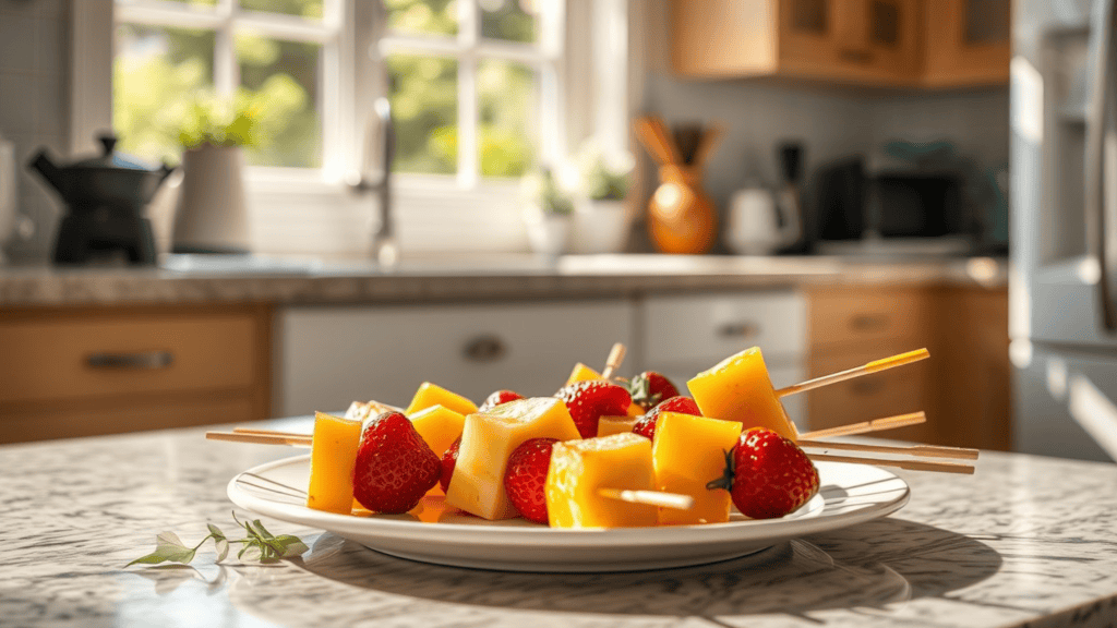 Skewered pieces of fruit lying on a white plate on a kitchen counter in the sunlight.