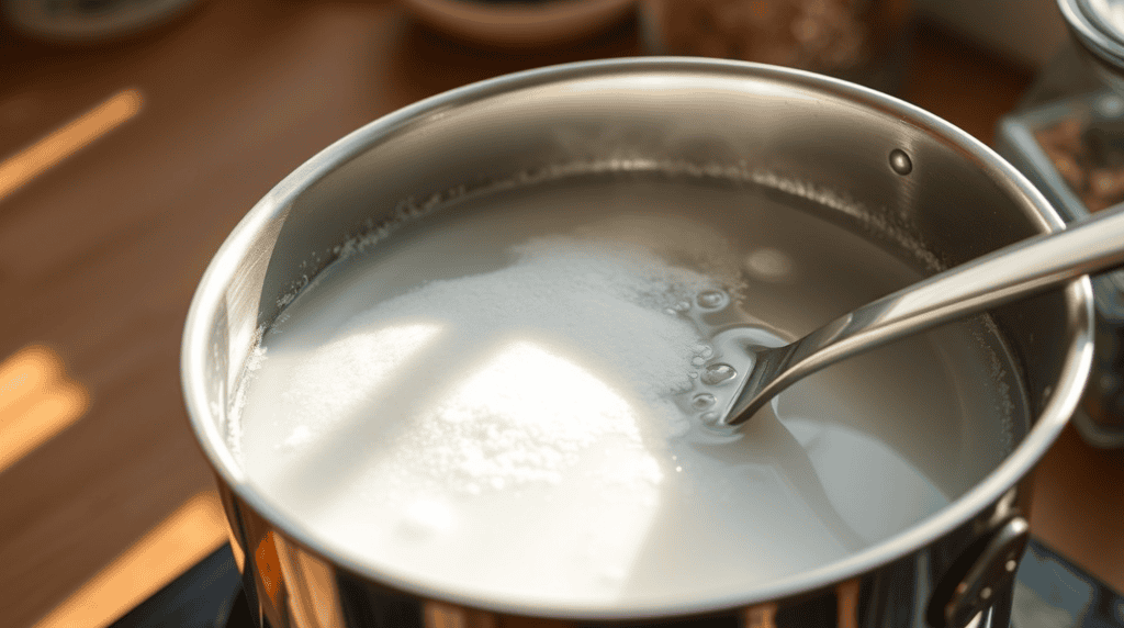 Water and sugar melting in a stainless steel saucepan in a kitchen with sunlight.