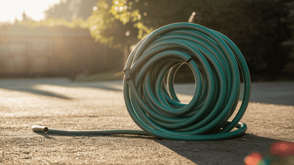 A green rolled up hose sitting on some concrete on the ground outside in the sunlight.