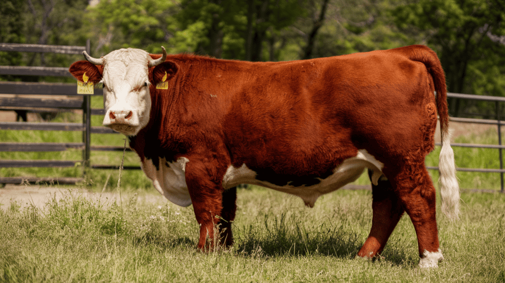 A brown and white Hereford cow standing in a field outside on a sunny day next to a wooden fence.