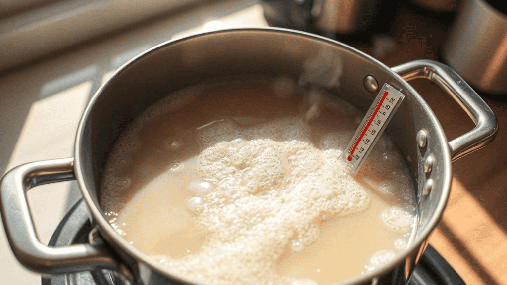 Getting the temperature of a sugar and water mixture in a saucepan in a sunny kitchen.