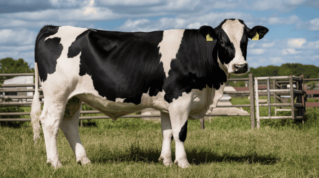A black and white Holstein-Friesian cow standing in a field outside next to a wooden fence.