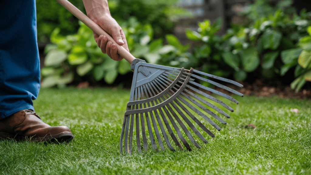 A man wearing brown shoes standing on grass holding a rake with bushes in the background.