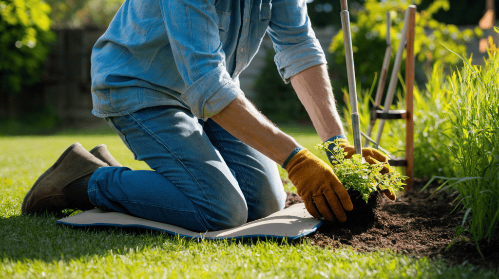 A man wearing blue with rolled up sleeves putting a plant in his garden while kneeling on a kneeling pad on a sunny day outside.