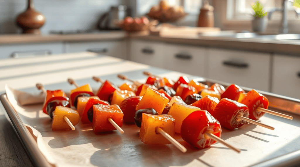 Candied pieces of fruit on skewers on a lined baking sheet in the sunlight in a kitchen.