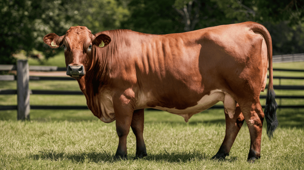 A brown Jersey cow standing in a field outside in front of a wooden fence.