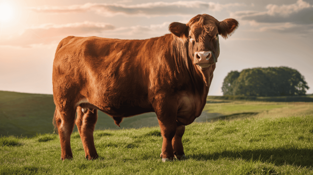 A brown Limousin cow standing in a field outside on a sunny day.