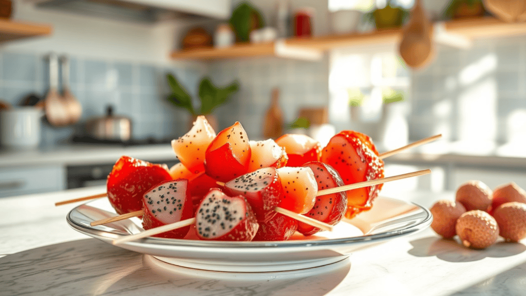 Skewered dragon fruit on a plate in a sunny kitchen.