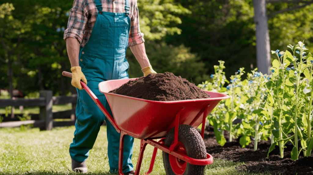 A gardener wearing overalls and a plaid, rolled up shirt transporting soil in a red wheelbarrow outside on a sunny day.