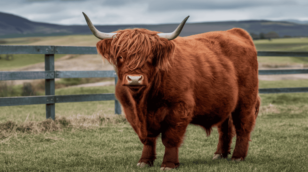A brown Scottish Highland cow standing in a field outside next to a fence.