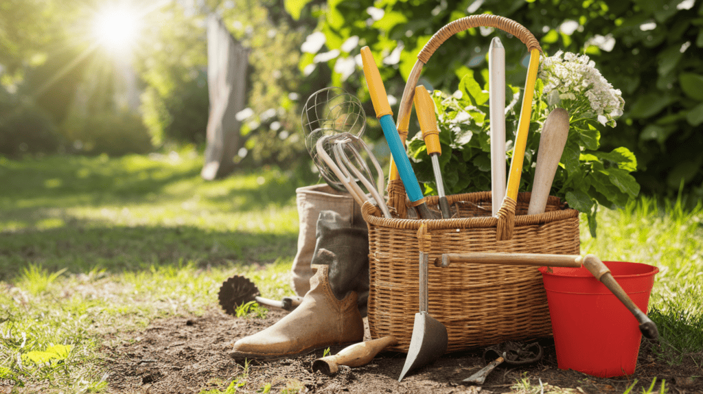 A gardening kit with different gardening tools sitting outside on a sunny day.