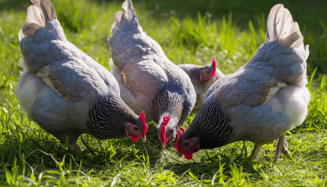 Three Sapphire Gem Chickens pecking at some grass on a sunny day.