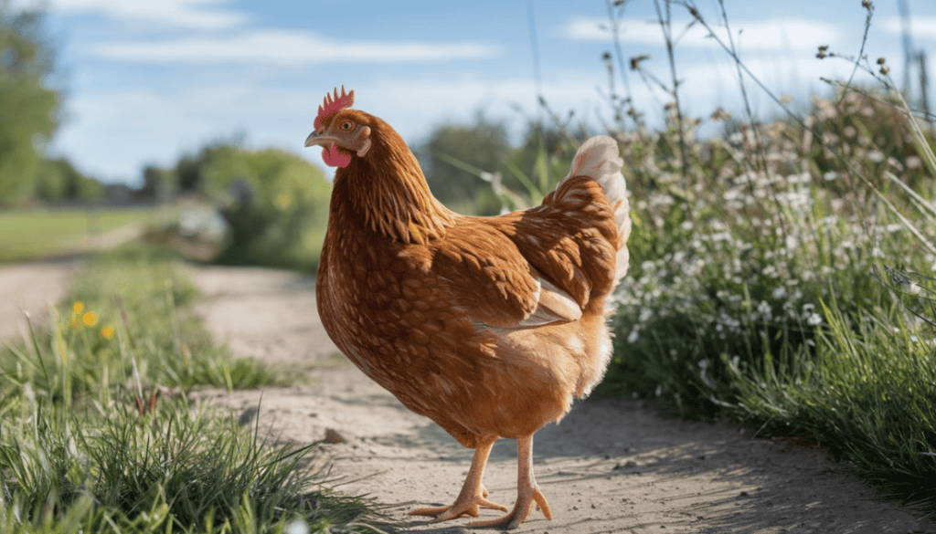 A Cinnamon Queen Chicken outside on a dirt path on a sunny day.
