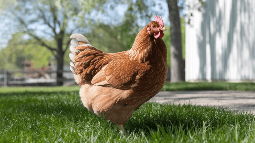 A Cinnamon Queen Chicken standing on some grass outside on a sunny day.