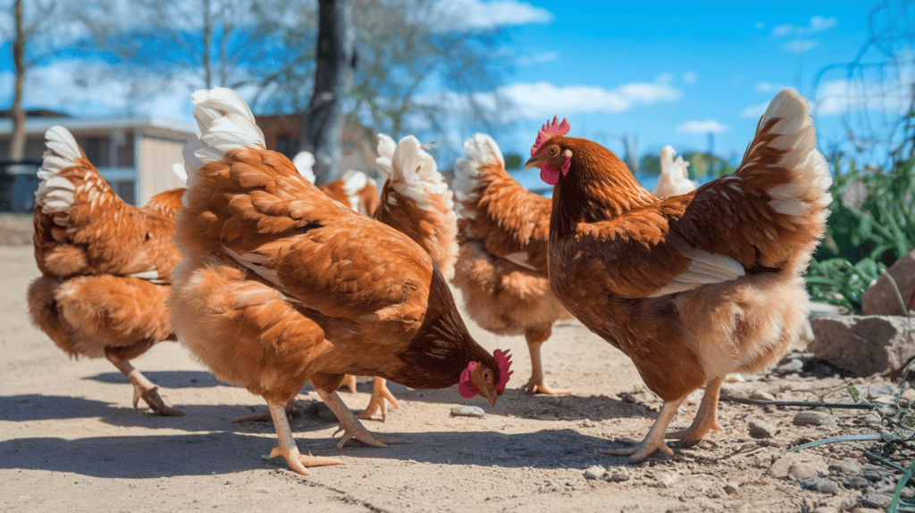 A flock of cinnamon-colored Cinnamon Queen Chickens outside on a sunny day.
