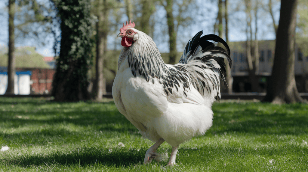 A large white and black Brahma chicken walking on some grass on a sunny day outside with trees and some buildings in the background.