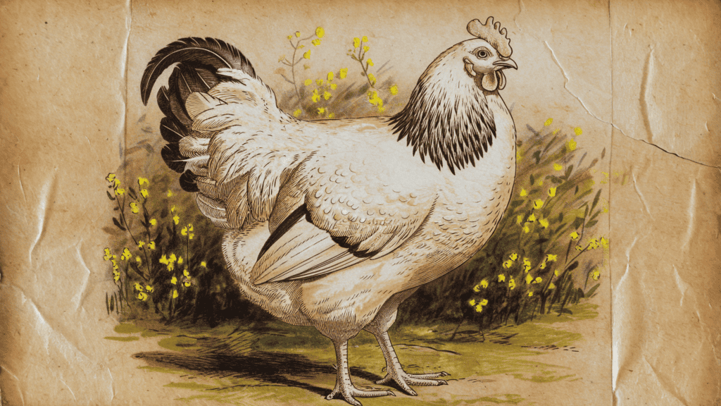 A drawing of a large white and black Brahma chicken with green and yellow flowers in the background drawn on old brown paper.