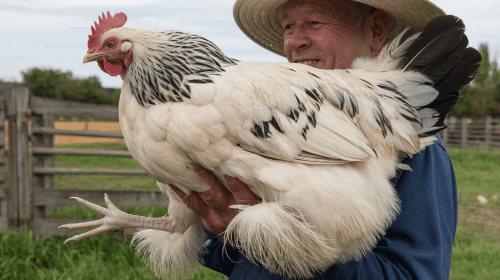 A farmer wearing a blue shirt and a hat proudly carrying a large white and black Brahma chicken outside on some grass with fences in the background on an overcast day.