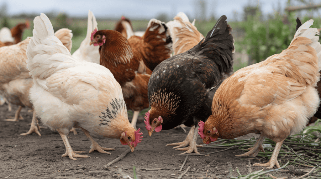 A flock of large Light, Dark, and Buff Brahma chickens pecking at the ground outside.