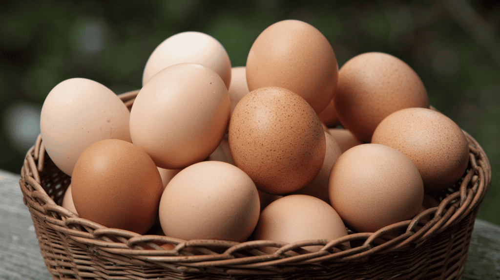 A basket of large brown eggs, ranging from light to medium shades.