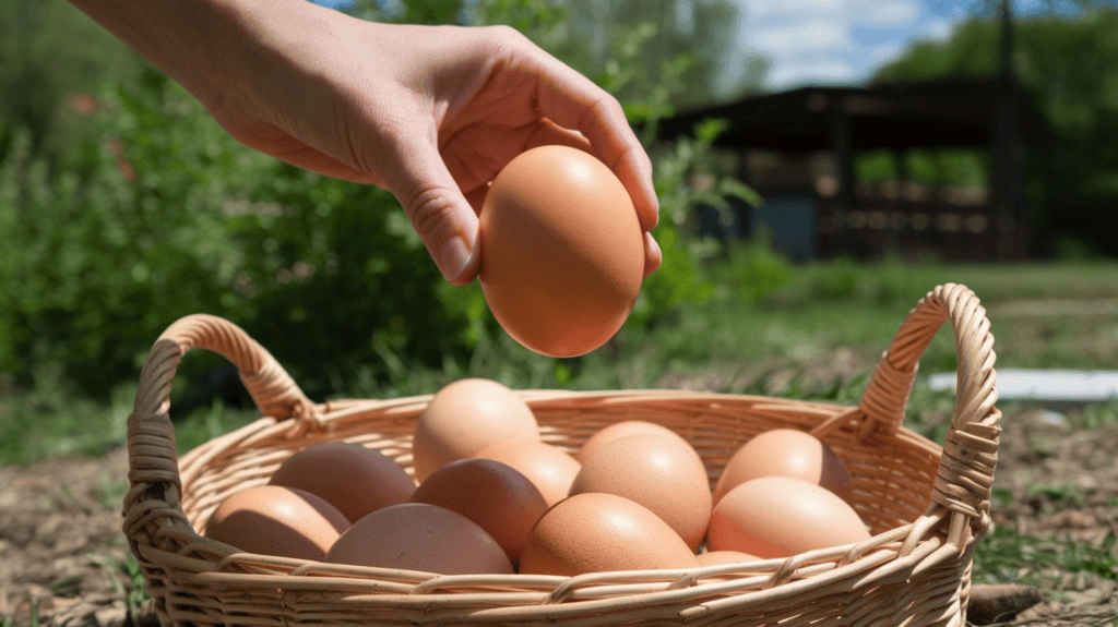 Someone picking up and holding a large brown egg from a basket of other eggs on the ground outside on a sunny day.