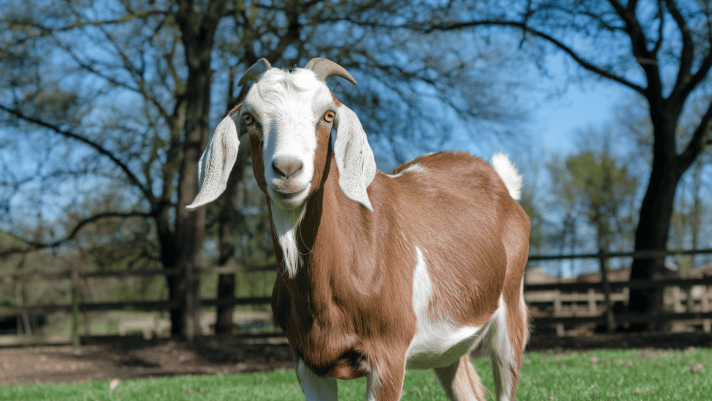 A brown Nubian goat with a white face and floppy ears outside on a sunny day.