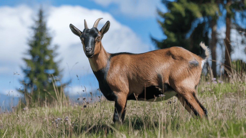 A brown and black Alpine goat outside on a field on a sunny day.