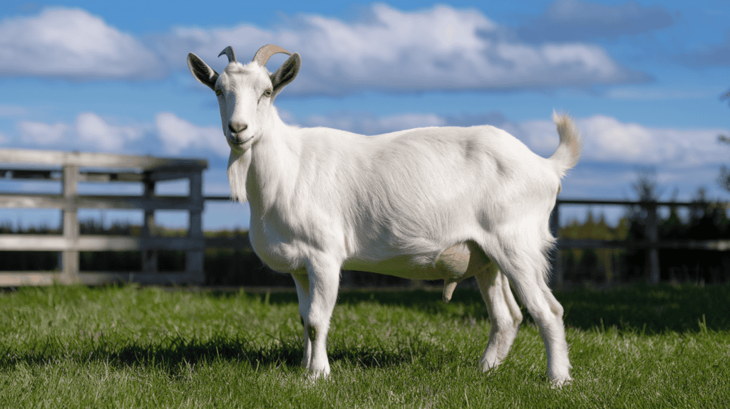 A fully white Saanen goat outside on a field with a fence in the background on a sunny day.