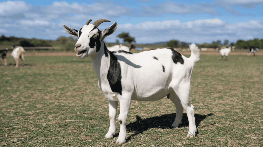 A white Nigerian Dwarf goat with black patches and pointy ears outside on a field on a sunny day.