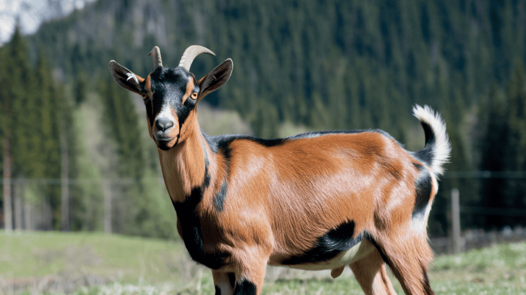 An Oberhasli goat with pointy ears, a reddish-brown coat with black markings on the face, legs, and back outside on a field on a sunny day with a forest in the background.