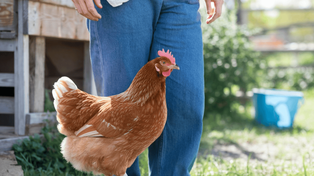 A Cinnamon Queen Chicken standing next to the legs of their homesteader on a sunny day outside.