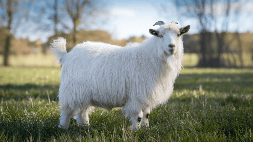 A white Angora goat outside on a field on a sunny day.