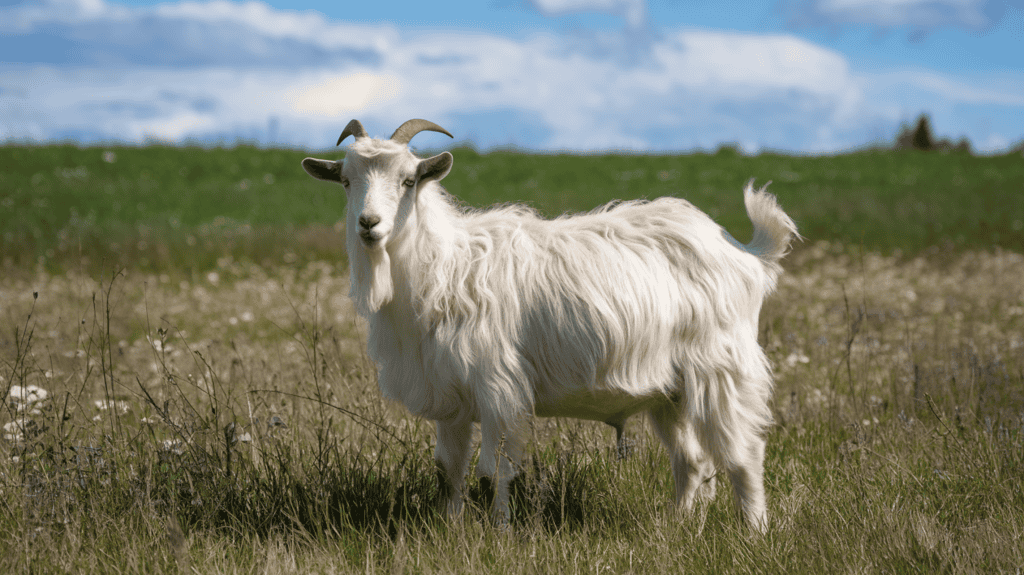 A Cashmere goat outside on a field on a sunny day.