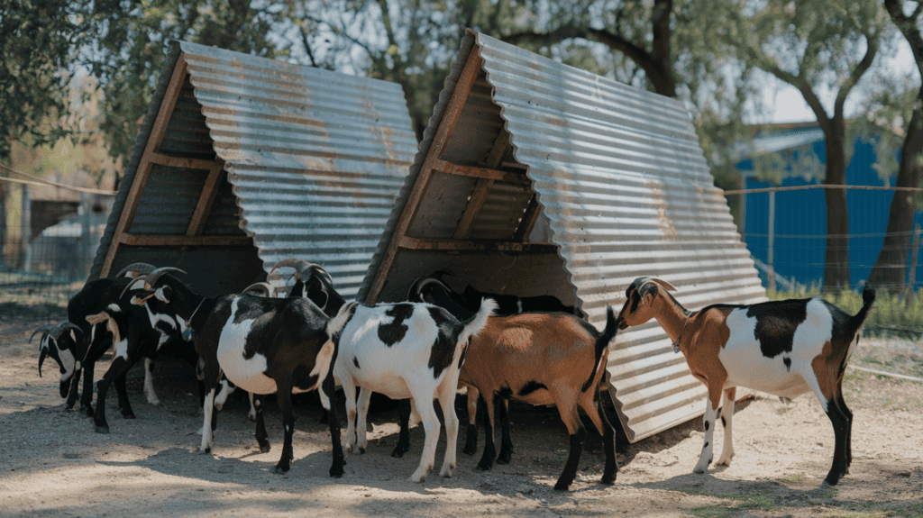 A heard of goats next to two three sided goat sheds with metal rooves and trees in the background.