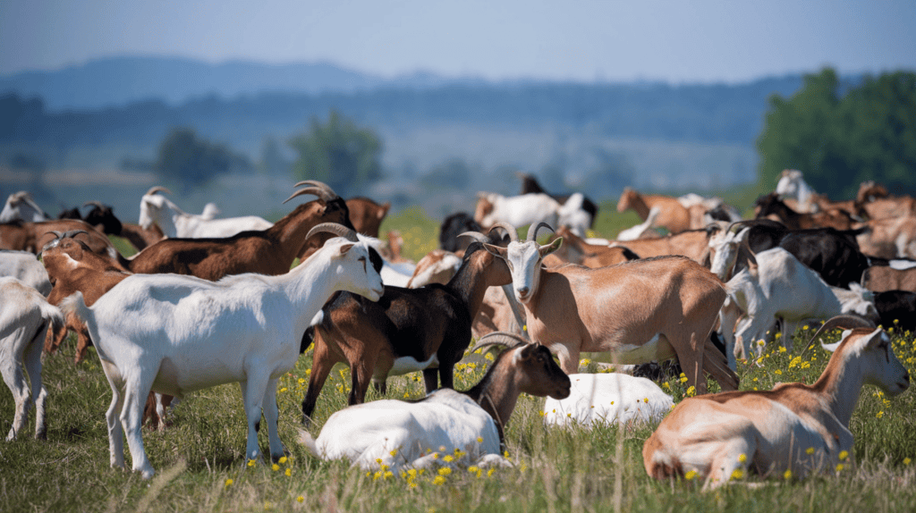 A herd of goats grazing outside on a sunny day.