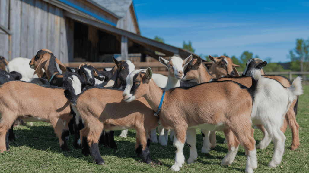 A herd of Pygmy goats grazing near their barn outside on a sunny day.