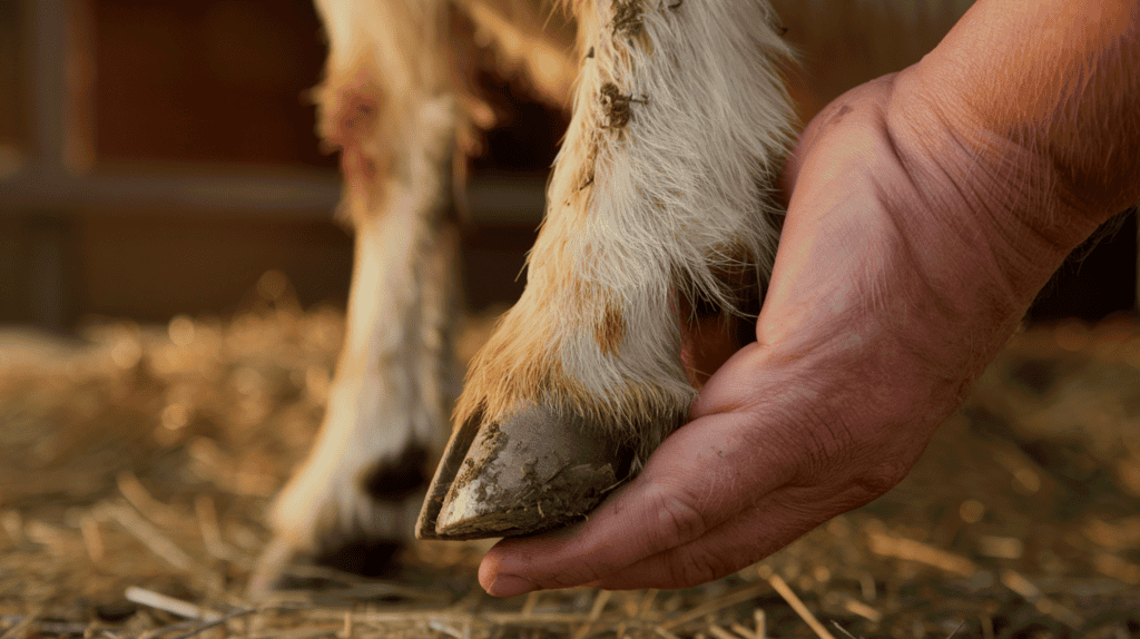 Someone's hand holding the bottom of a dirty goat hoof in a barn while the goat stands on hay.