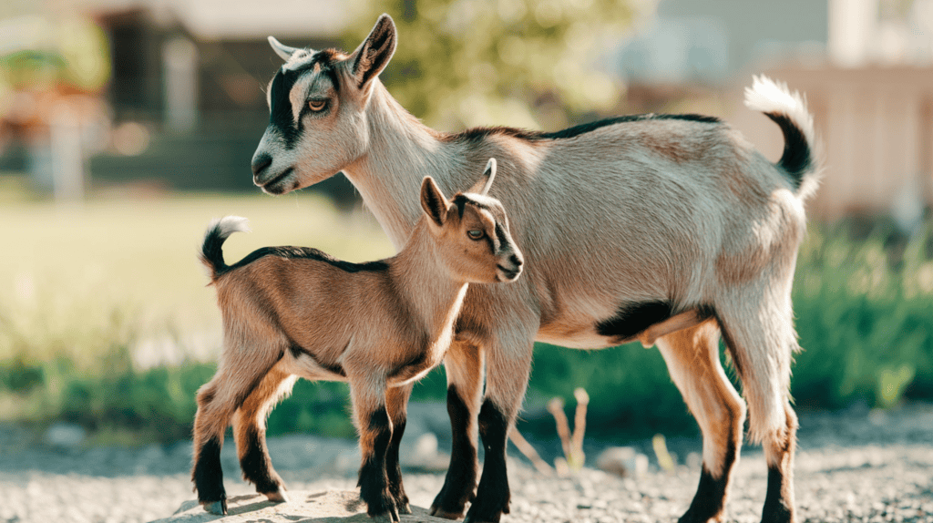 A brown, black, and white mother and baby Pygmy goat next to each other outside on a sunny day.