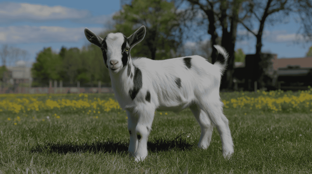 An adorable white Pygmy goat with black spots outside in a field on a sunny day.