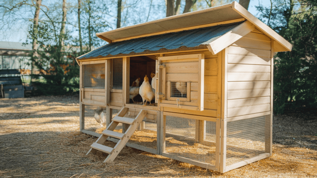 A chicken coop with some white chickens inside it on a sunny day.