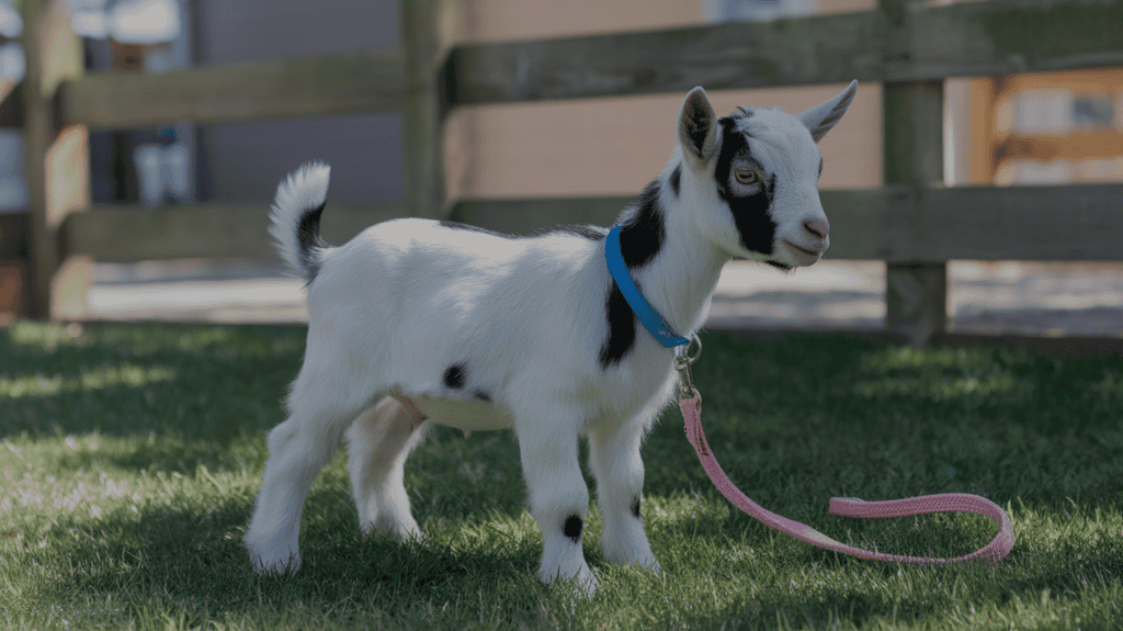 An adorable Pygmy goat with black spots wearing a blue collar with a pink leash attached to it outside standing on grass next to a fence.