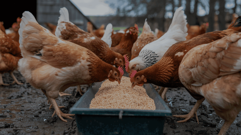 Chickens eating from a trough feeder outside.
