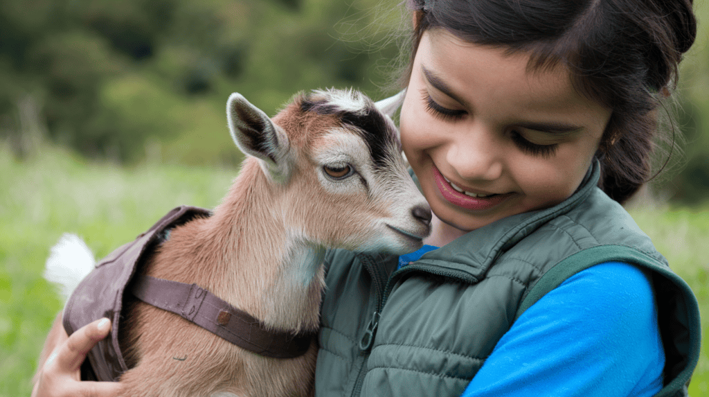 A young girl wearing a green vest cuddling an adorable brown, black, and white baby Pygmy goat outside.