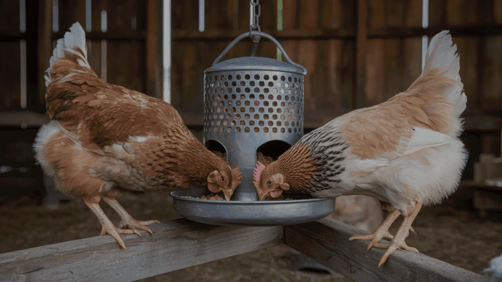 Two chickens eating from a metal hanging feeder in a wooden barn.