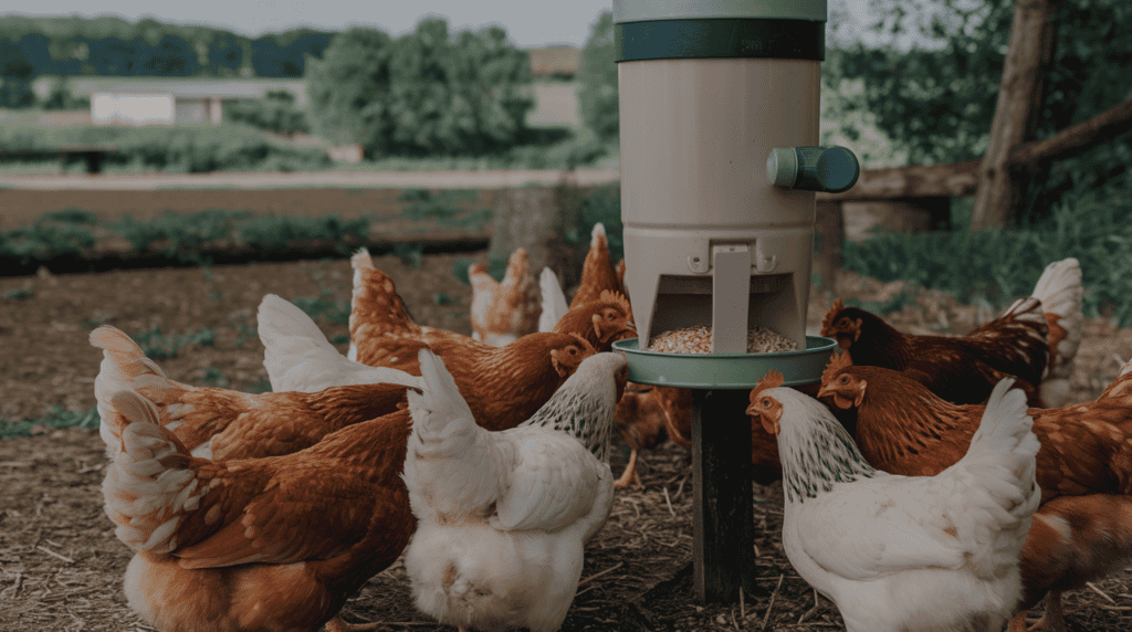 Chickens eating from a plastic automatic chicken feeder outside.