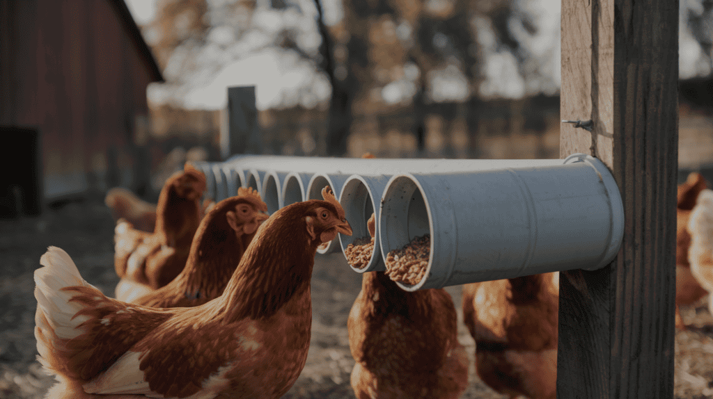 Brown chickens pecking at chicken feed in PVC pipes outside.