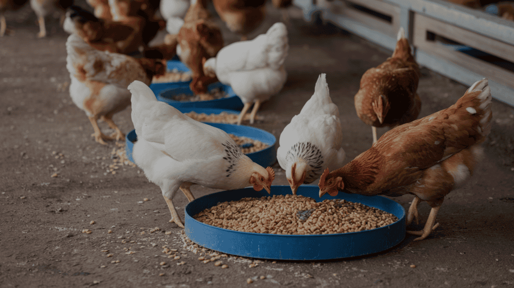 Brown and white chickens pecking at blue ground feeders on a dirt floor.