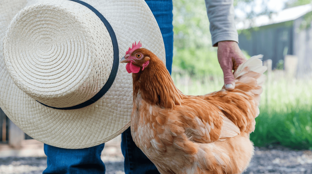 A light brown Cinnamon Queen Chicken  next to its owner holding a hat and petting the chicken outside on a sunny day,